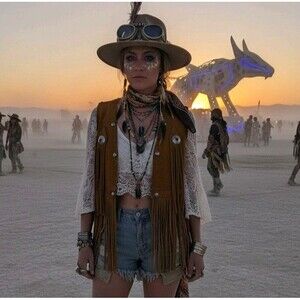 Vintage Brown Suede Fringe Vest Western Cowboy Boho Festival Leather Size L